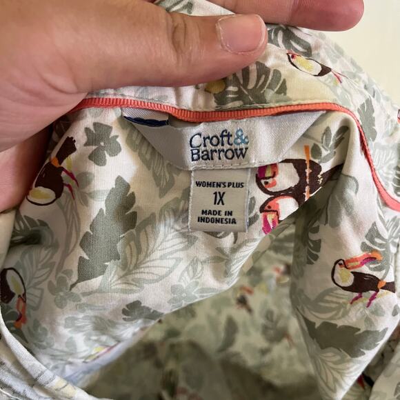 Croft & Barrow Long Sleeve Casual Button Up Plus Sz 1X Toucan Bird Green Leaf - Picture 6 of 8